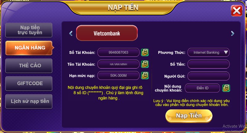 Nạp tiền vào 68club thông qua tài khoản ngân hàng