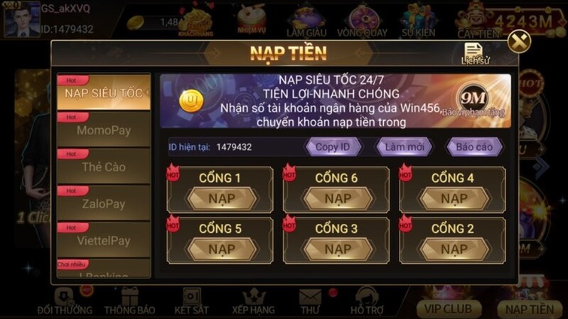 Cách nạp tiền vào tài khoản ở cổng game Win456