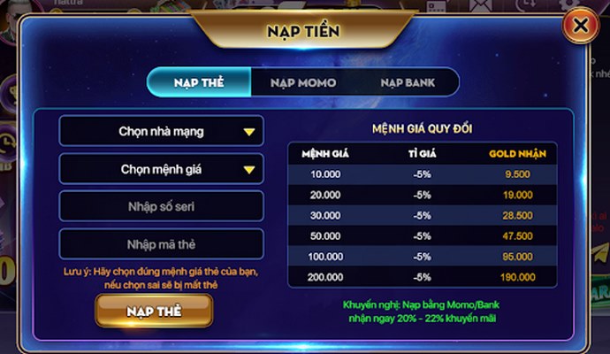 Nạp tiền dễ dàng tại Bigboss