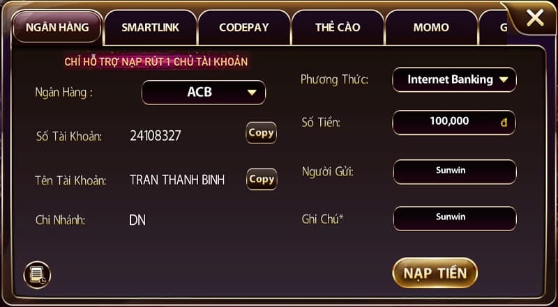 Nạp - rút tại Bin club