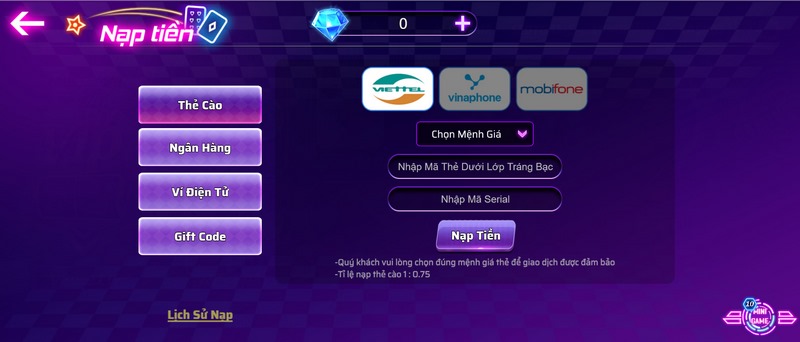 Hướng dẫn nạp tiền vào tài khoản cổng game Vip52