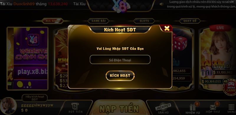 Cách kích hoạt số điện thoại tại cổng game X8