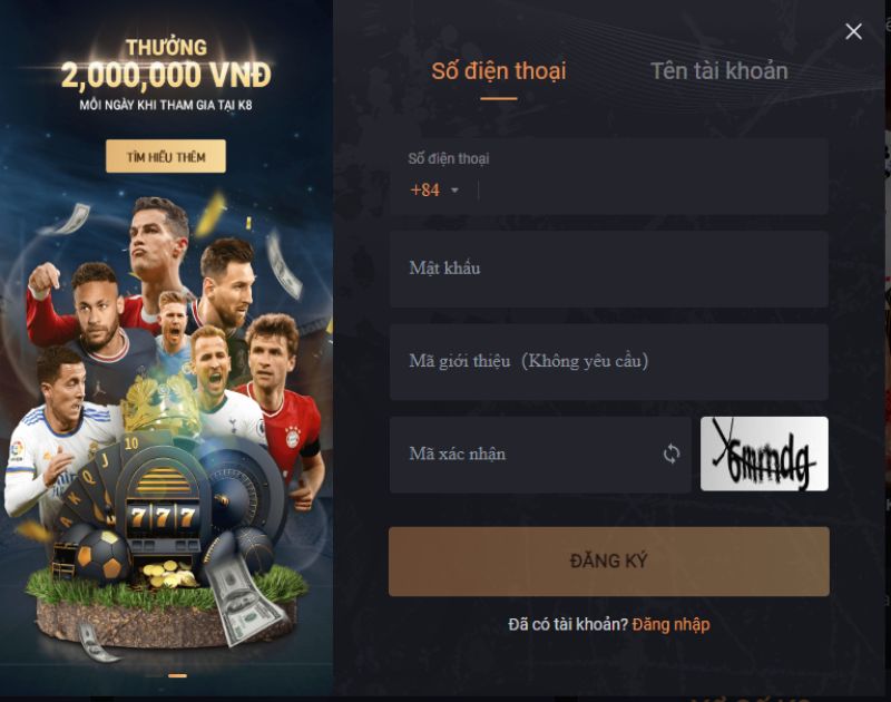 Đăng ký tài khoản K8 để trải nghiệm kho game đổi thưởng xanh chín