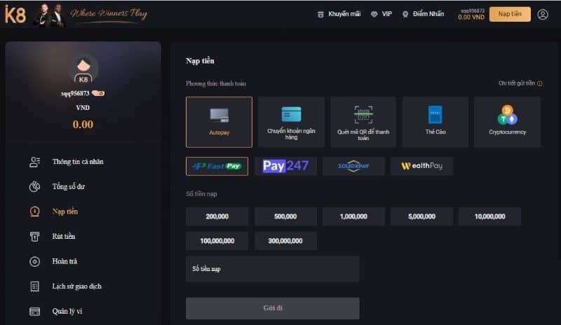 Cách nạp tiền vào tài khoản K8 để tham gia chơi game