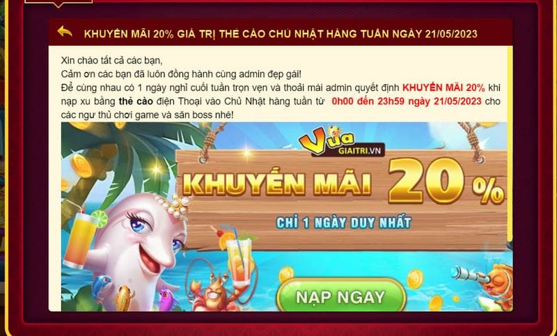 Khuyến mãi đặc sắc đang được cổng chơi cung cấp cho anh em